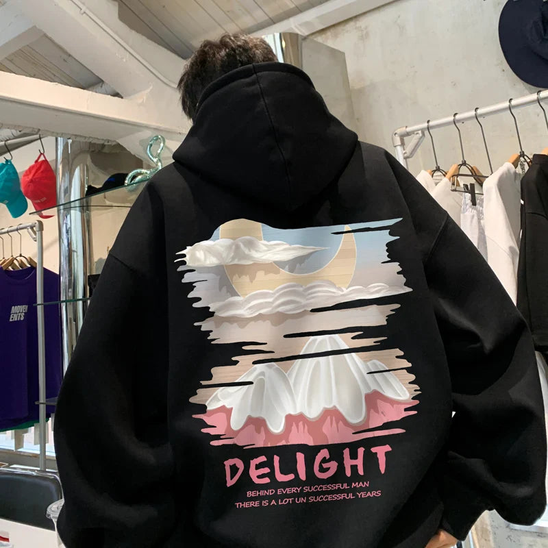 saferido Autumn New Men's Fashion Oversized Print Hooded Sweatshirt Trend Hip Hop American Retro Long Sleeve Sweatshirt
