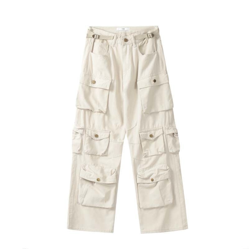 Street Popular White Multi-pocket Overalls Men's Harajuku Style Loose Casual Trousers Straight Mopping Pants Autumn New