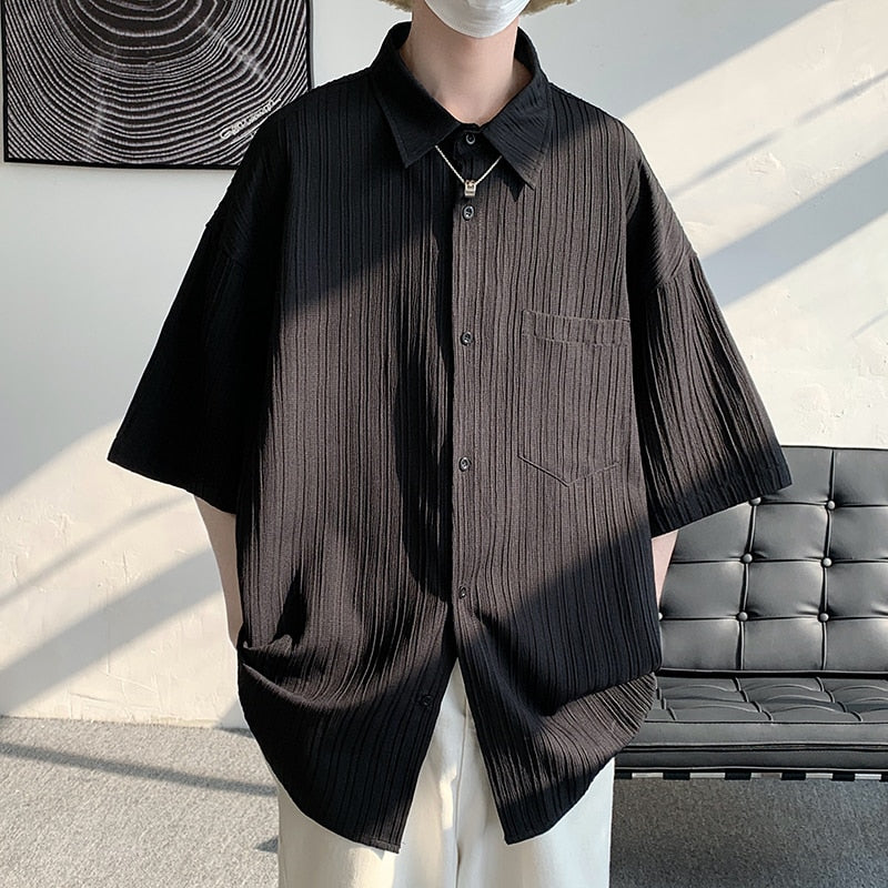 Summer Ice Silk Vertical Stripe Shirt Men Summer Short Sleeve Lapel Shirts Blouse Top Loose Casual Men Clothing Camisas