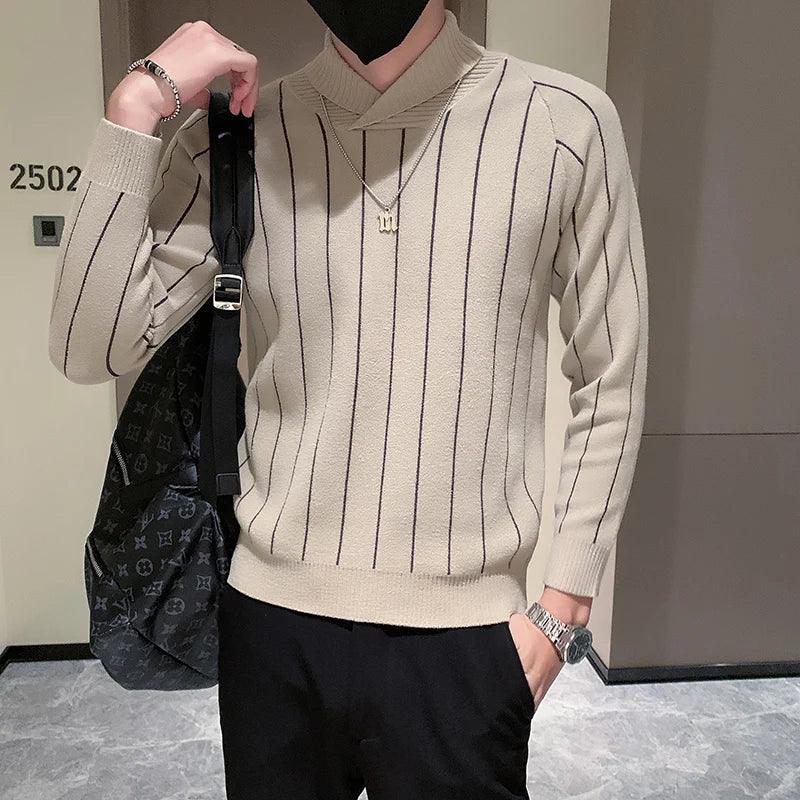 saferido Korean Style Men Winter High Quality Knitted Sweaters/Male Slim Fit Fashion Striped Casual Knit Sweater Men V-neck Pullover 3XL