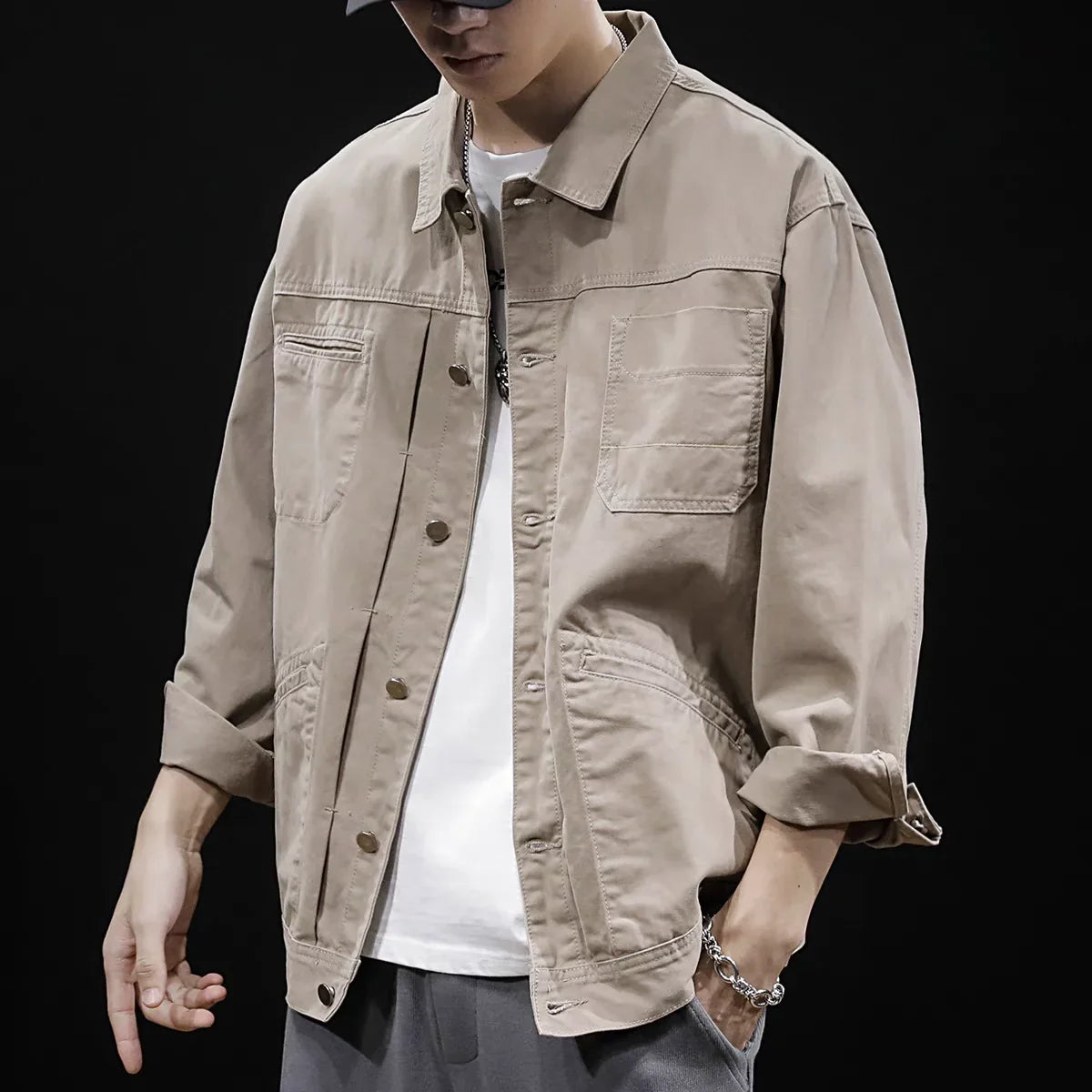 Vintage Men's Denim Jackets Spring Casual Solid Single Breasted Pocket Top Chic Loose Patchwork Oversize Cargo Jackets New