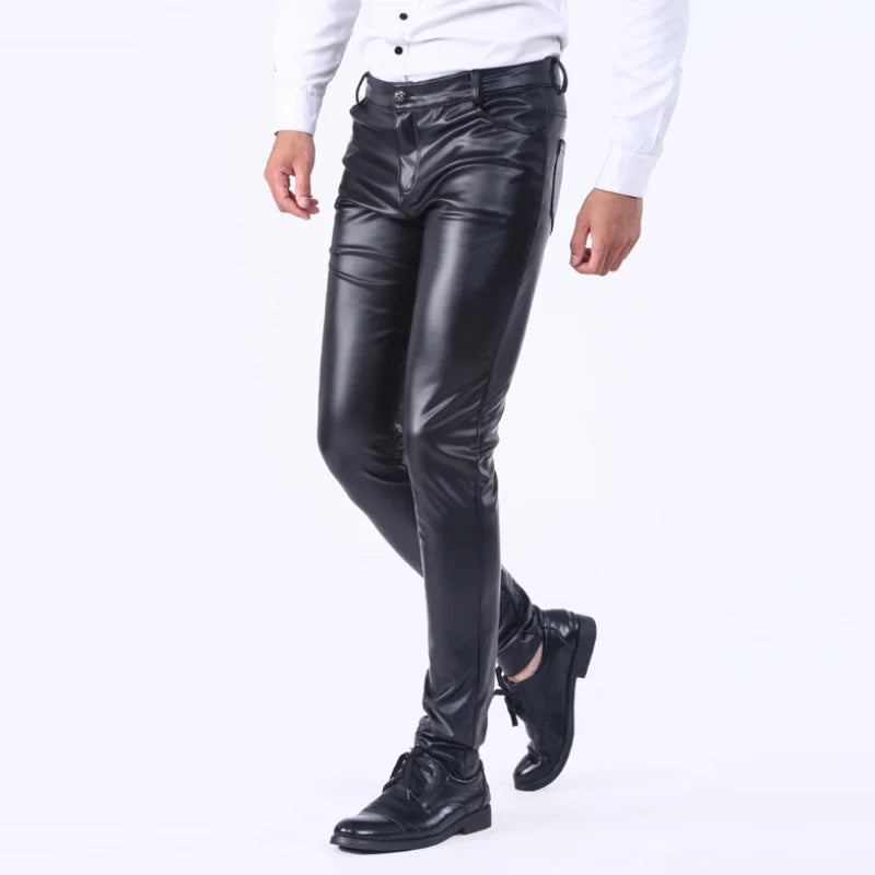 saferido Men's Leather Pants Spring Autumn Slim Fit Elastic Style Male Fashion PU Leather Trousers Moto Pants Solid Color Casual Bottoms