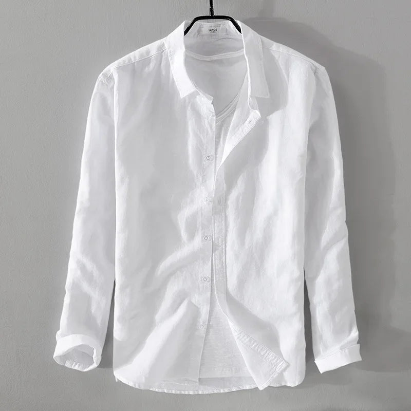 spring autumn new men's shirts fashion lapel casual long-sleeved cotton and linen shirts loose breathable linen shirts