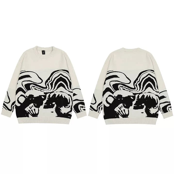 Men Streetwear Sweater Retro Painting Skull Graphic Hip Hop Knitted Sweater Vintage Pullover Casual Wool Sweater Hipster
