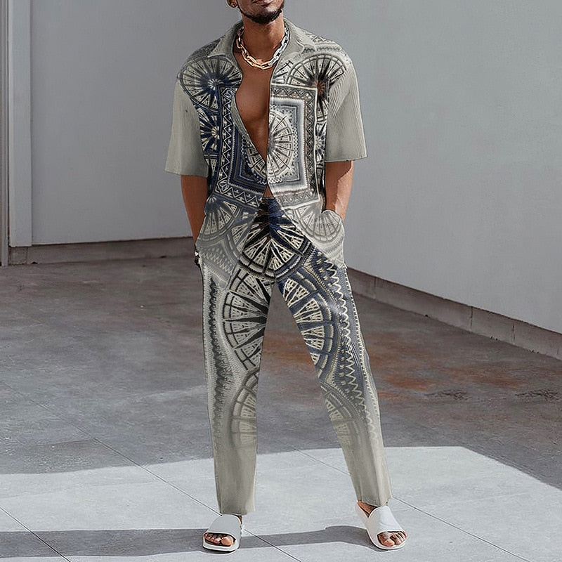 Fashion Print Two Piece Set Men Summer Short Sleeve Lapel Button Shirts And Straight Pants Suit For Mens Outfits Casual Clothing