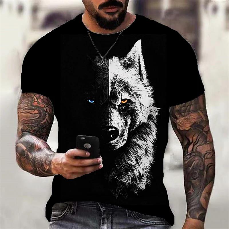 Lion Fighting Animal Beast Fierce Lion Wolf 3D T Shirt New Summer Men's Oversized Short Sleeve Black and White Design Polyester