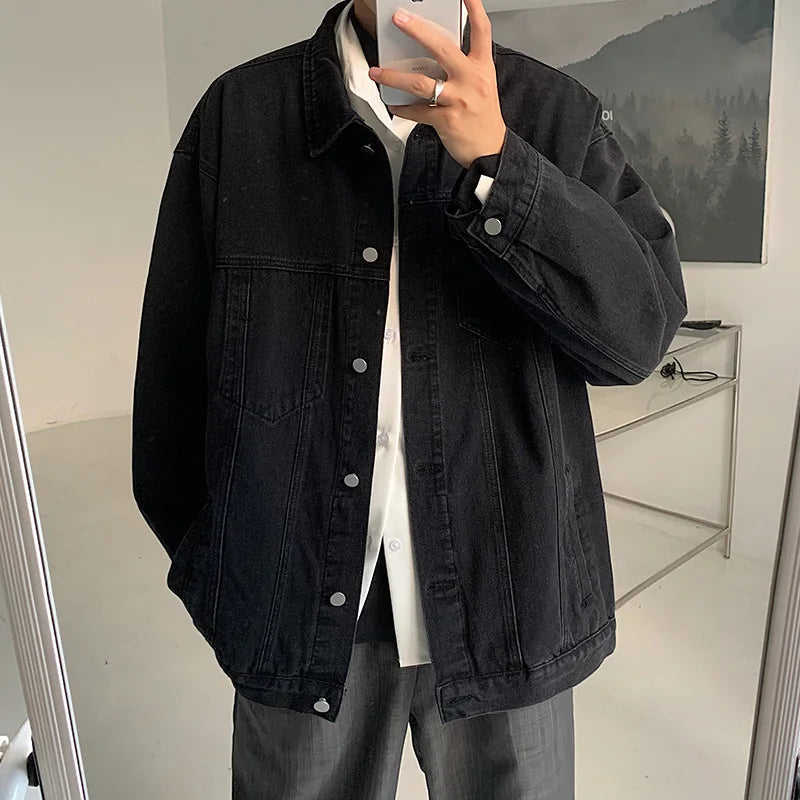 New Jacket Men's Spring and Autumn Denim Coat Korean Version On Clothes Young Student Lapel Fashion Casual Loose Tide Men