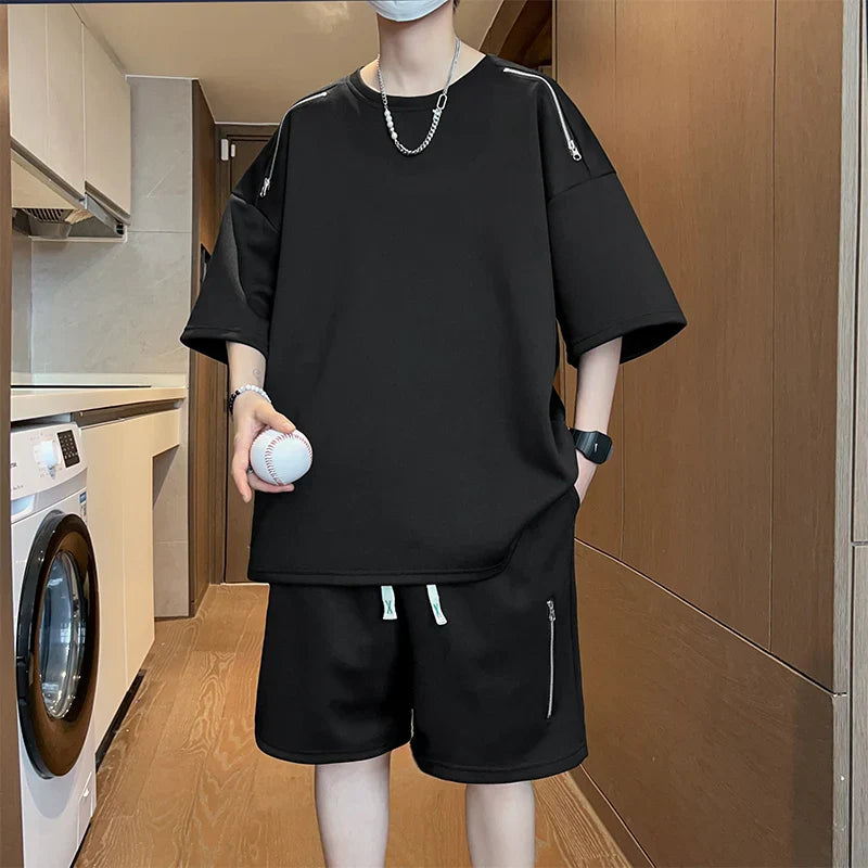 saferido Oversized Tracksuit Men New Korean High Street Fashion Zipper Design T-shirt Shorts Two Pieces Sets Mens Streetwear Men Clothes
