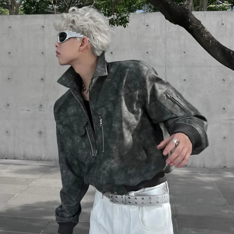 saferido Mens Cropped PU Leather Jacket Fashion Turn-down Collar Gradient Color Retro Coat Zipper Men's Motorcycle Outwear Spring Pink