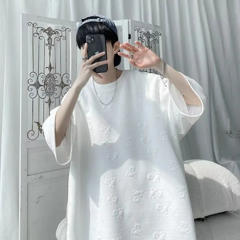 saferido Fashion Short Sleeve T-shirts Men Jacquard Korean Couples Youthful All-match Y2k Tops Harajuku Streetwear Unisex Mens Clothing