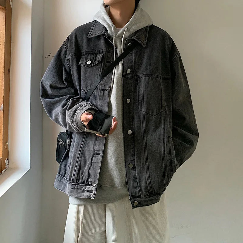New Jacket Men's Spring and Autumn Denim Coat Korean Version On Clothes Young Student Lapel Fashion Casual Loose Tide Men