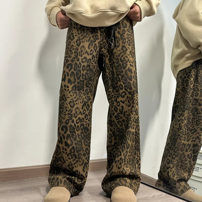 Y2k Leopard Jeans Pants Men Oversized Panther Print Jean Wide Leg Pant Fashion Trendy Retro Loose Man Hipop Baggy Jean Trousers