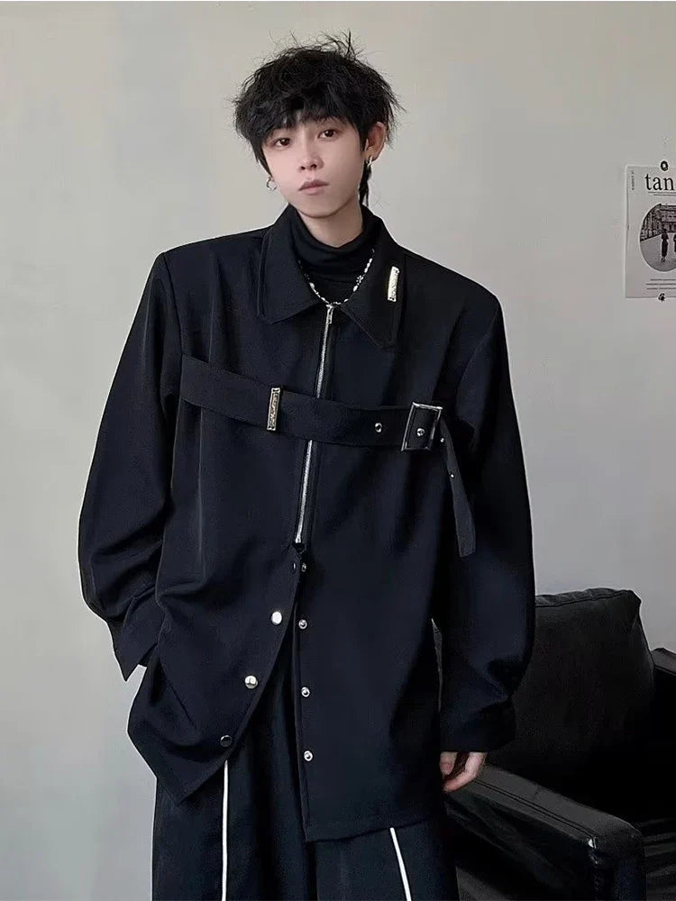 saferido Techwear Shirts Men Darkwear Hip Hop Blouses Punk Black Long Sleeve Button Up Male Zipper Harajuku Japanese Streetwear