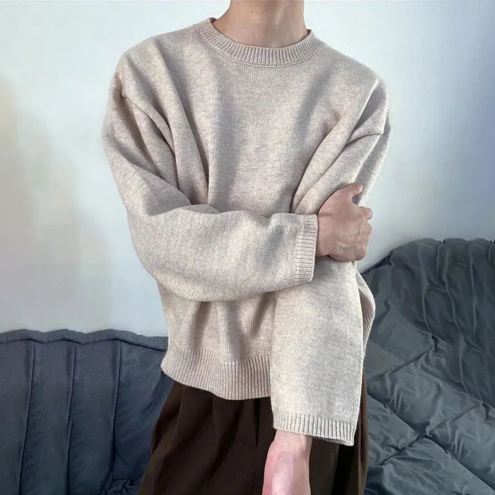 saferido Mens Autumn Japanese Lazy Style Sweater 2024 New Essential Round Neck Loose Casual Simple Solid Color Long-Sleeve Sweater For Men