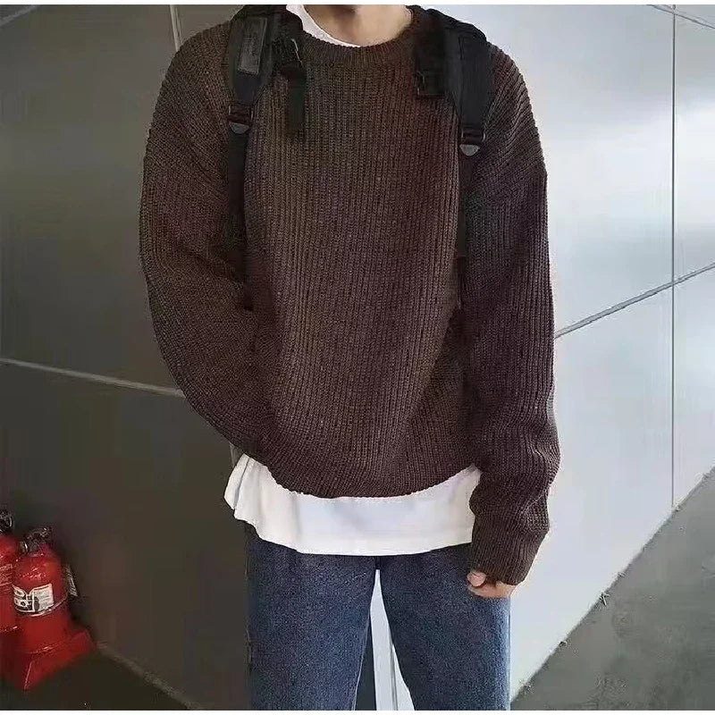 Solid Striped Sweater for Men Autumn Winter Casual O-neck Long Sleeve Pullovers Male Vintage All-match Knitted Jumpers Chic Tops