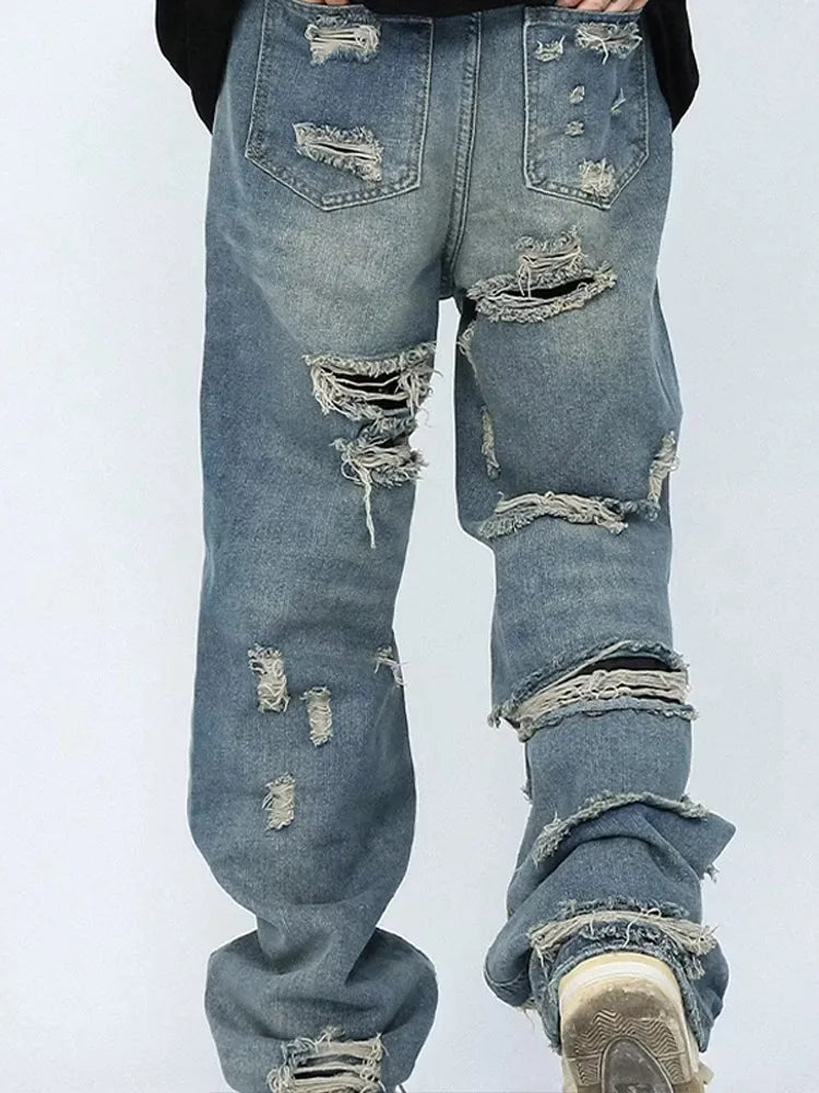 Straight Hole Beggar Zipper Long Pants Men Solid Streetwear High Waist Jeans Trousers Male Autumn Fashion Men's Clothing