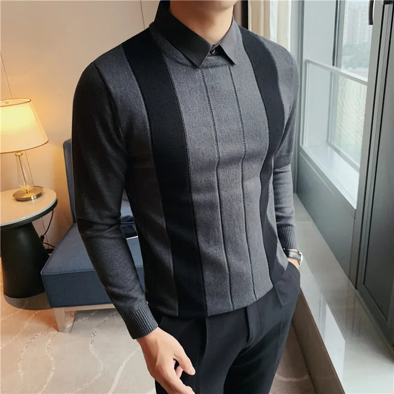 saferido Korean Style Men Keep Warm In Autumn Fake 2 Pieces Shirt Collar Knit Sweaters/Male Slim Fit Stripe Fashion Casual Knit Pullover