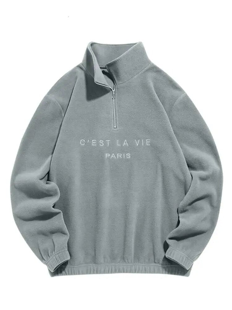 Hoodie for Men Fuzzy Polar Fleece Sweatshirt Letter Embroidered Turtleneck Streetwear Pullover Winter Unisex Zipper Sweats