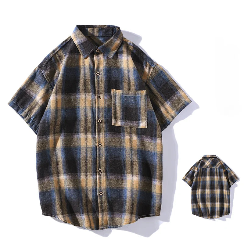 saferido Korean Style Plaid Shirts For Men Short Sleeve Fashion Turn-down Collar Blouses Hip Hop Male Clothing