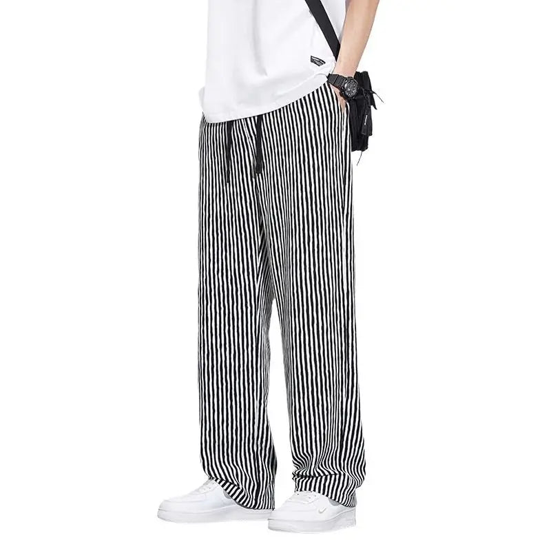 saferido Korean Version Streetwear Fashion Men Stripe Wide Leg Pants Summer Male Harajuku Loose Casual Elastic Waist Straight Trousers