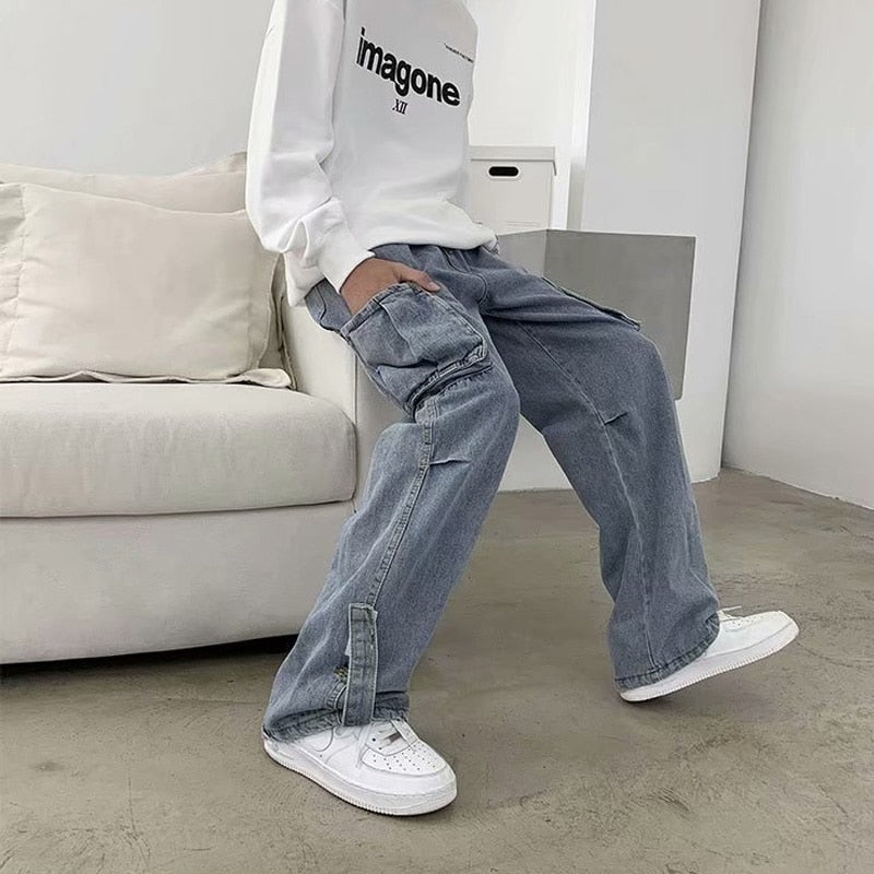 Hip Hop Jeans Men Baggy Cargo Pants Casual Big Pocket Denim Trousers Vintage Plus Size Bottoms Fashion Streetwear Y2K Clothing