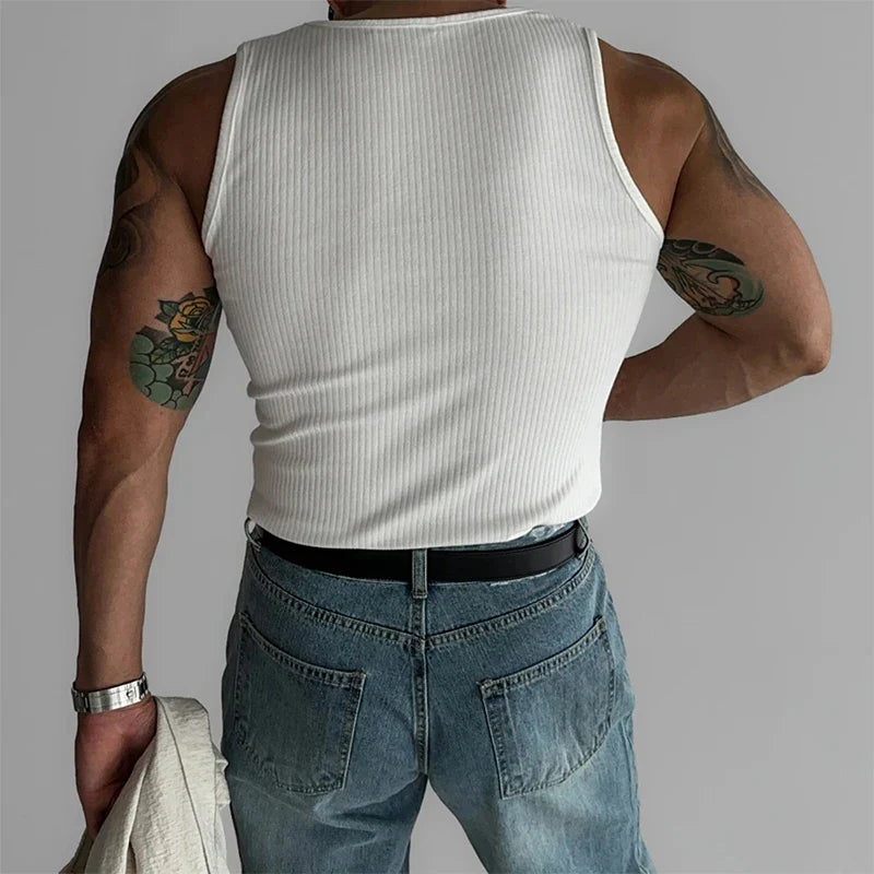Summer Fashion Solid Color Ribbed Tank Tops Men Slim Elastic Sports Vest For Mens New Casual O Neck Straps Sleeveless Camisoles