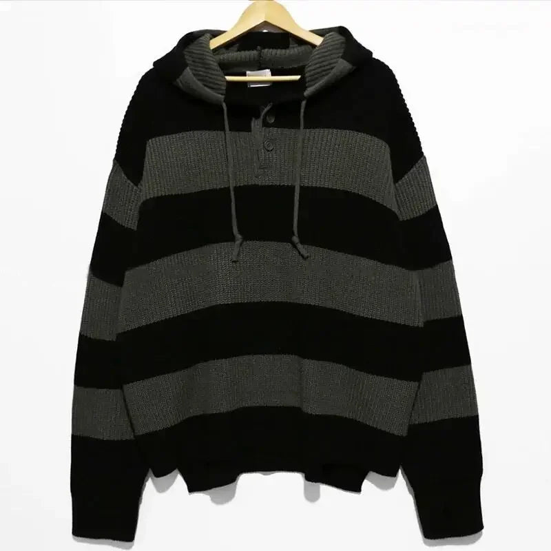 saferido Men's Clothing Pullovers Black Long Knit Sweater Male Striped Hoodies Over Fit Loose Thick Winter Spring Autumn Heated
