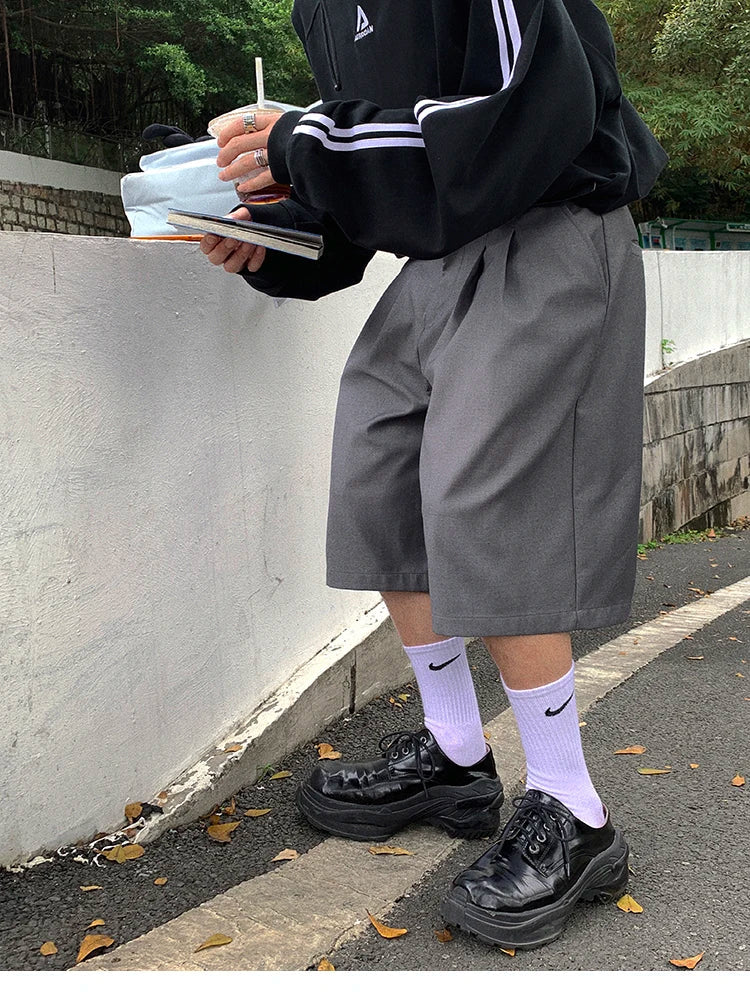 saferido Spring Summer Loose Casual Soft Grey Pleated Shorts for Men with High Waist Short Straight Pants Korean Clothes