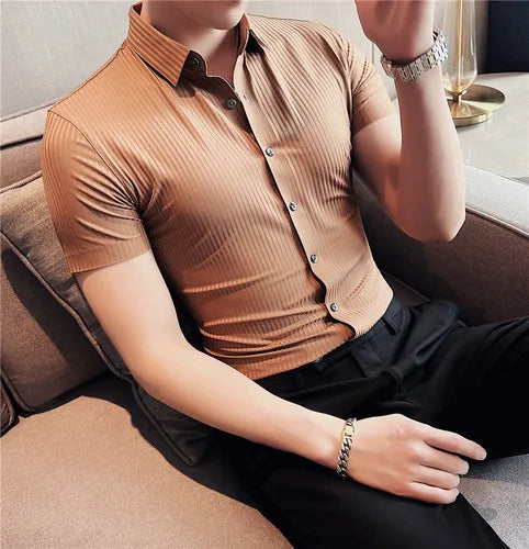saferido British Style Men's Summer Lce Silk Casual Short SSleeves Shirts/Male Slim Fit Lapel Stripe Stretch Business Dress Shirts