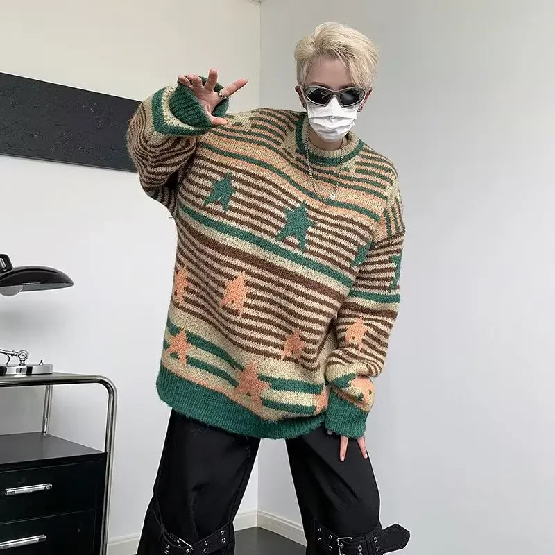 saferido Y2K Star Sweater Men Harajuku Striped Knitted Pullovers Jumpers Male Tops Oversize Purple Winter Streetwear Hip Hop