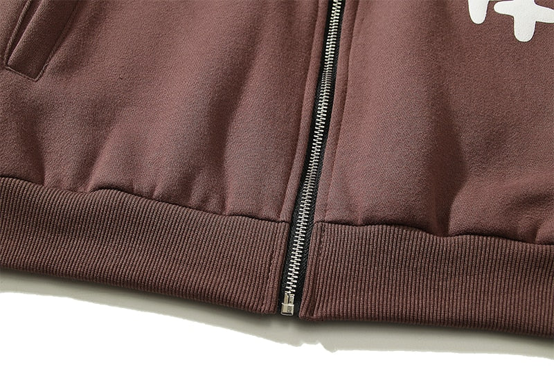 Foam Graffiti Zipper Hooded Hoodies for Men Fleece Casual Cardigan Coat Unisex Hip Hop Loose Sweatshirts