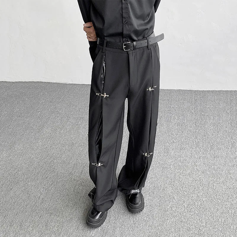 Men's Pants Autumn Winter Metal Buckle Design PU Leather Splicing New Fashion Solid Color Darkwear Trousers