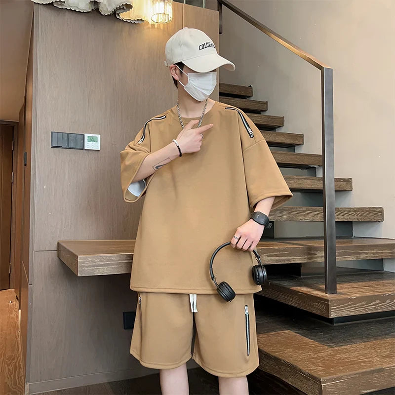 saferido Oversized Tracksuit Men New Korean High Street Fashion Zipper Design T-shirt Shorts Two Pieces Sets Mens Streetwear Men Clothes