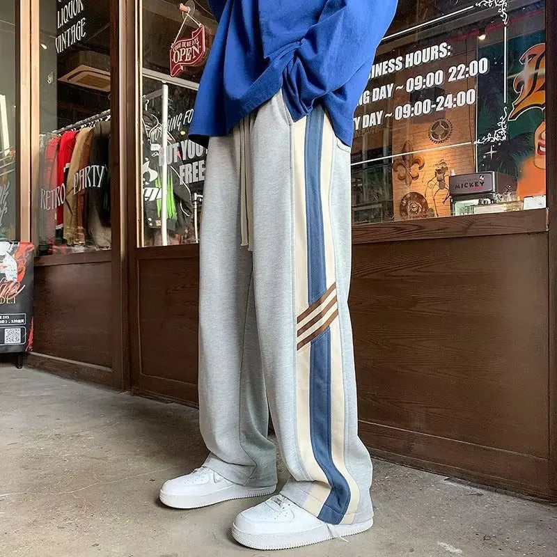 saferido Spring American Fashion Color Contrast Striped Casual Pants Men's Loose Straight Sports Pants Trendy Wide-leg Pants M-3XL