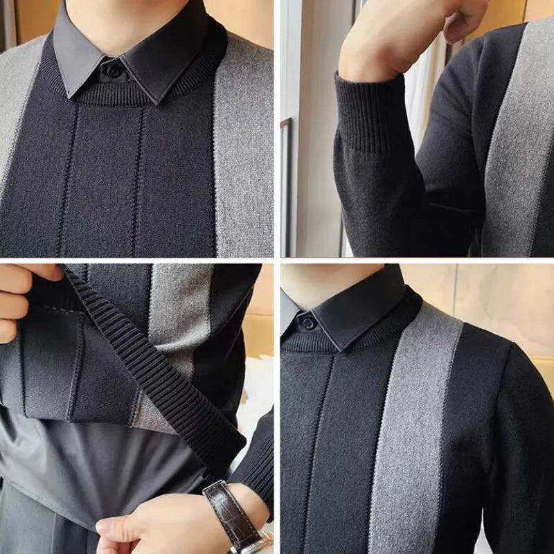 saferido Korean Style Men Keep Warm In Autumn Fake 2 Pieces Shirt Collar Knit Sweaters/Male Slim Fit Stripe Fashion Casual Knit Pullover