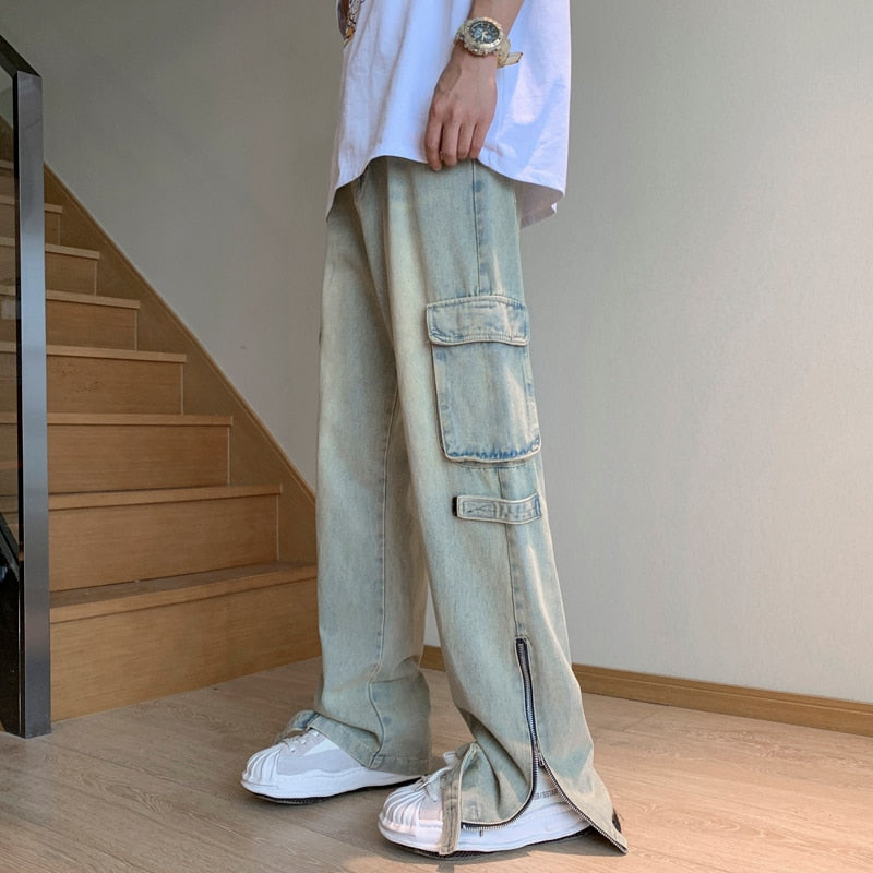 Fashion Pocket Zipper Men's Jeans Neutral Wide Leg Denim Trousers Loose Straight Jeans Youth Casual Neutral Hip Hop Pants