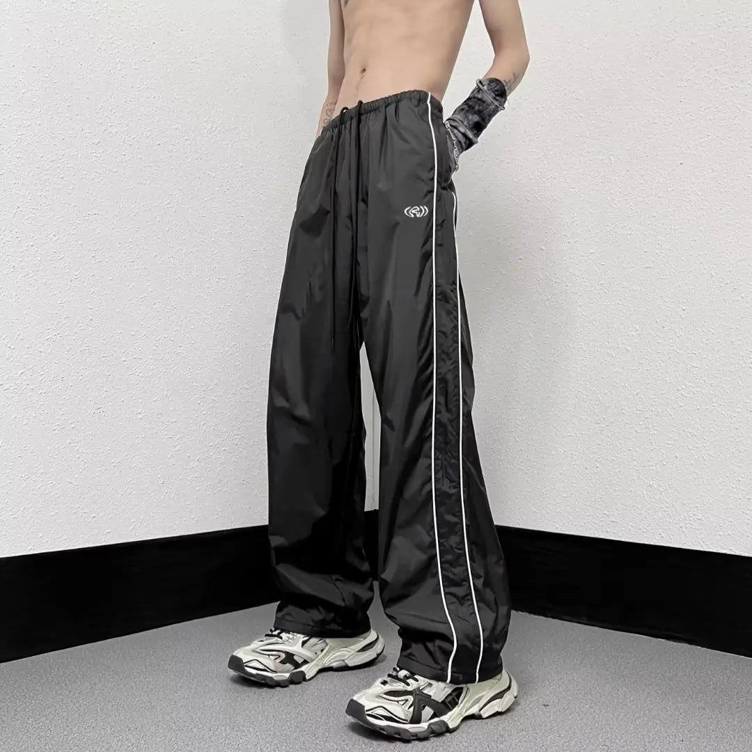 saferido KPOP Fashion Style Harajuku Slim Fit Sweat Pants Loose All Match Casual Pants Stripe Pockets Straight Cylinder Wide Leg Pants