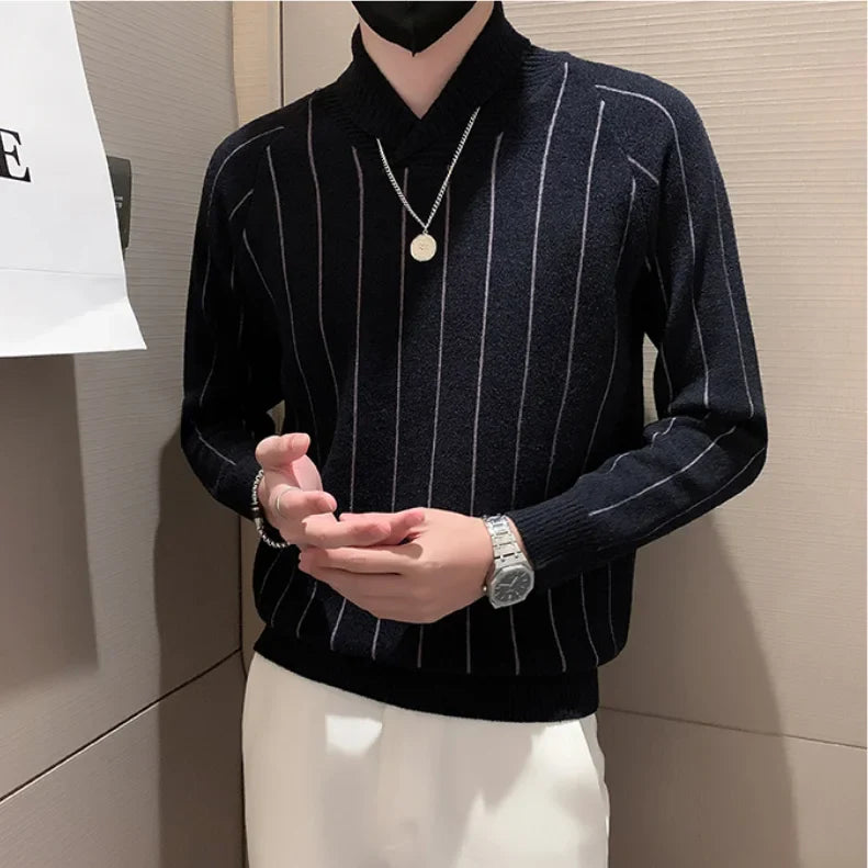 saferido Korean Style Men Winter High Quality Knitted Sweaters/Male Slim Fit Fashion Striped Casual Knit Sweater Men V-neck Pullover 3XL
