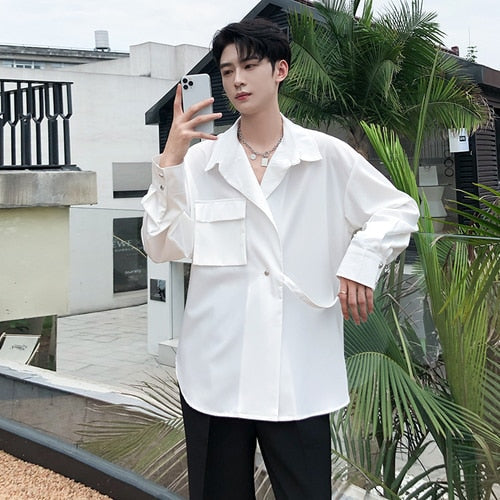 saferido       Solid Shirts Men Long Sleeve Fashion  Casual Loose Blouse Male Luxury Breathable Masculina Clothes Classic Button Tops A95