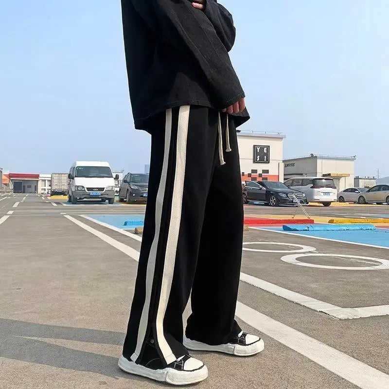 saferido New Spring and Summer Fashion Hong Kong Style Split Wide Leg Casual Loose Fashion Brand Sports Straight Sleeve Men's Pants