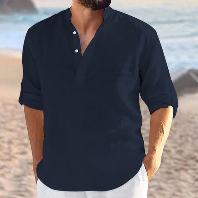 Mens Casual Cotton Linen Turn-down Collar Single Breasted Shirt 3/4 Sleeve Loose Blouse Button V Neck Shirts Tops Clothing
