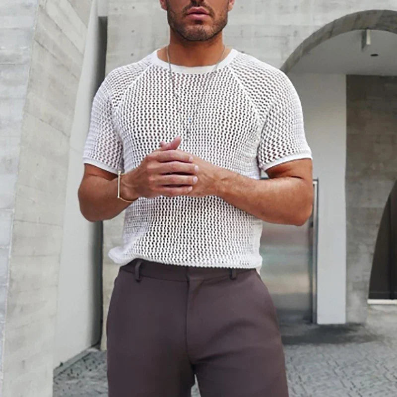 New Fashion Solid Color Hollow Knit T-shirts Men Spring Summer Leisure O Neck Basic Tops Mens Clothing Casual Short Sleeve Tees
