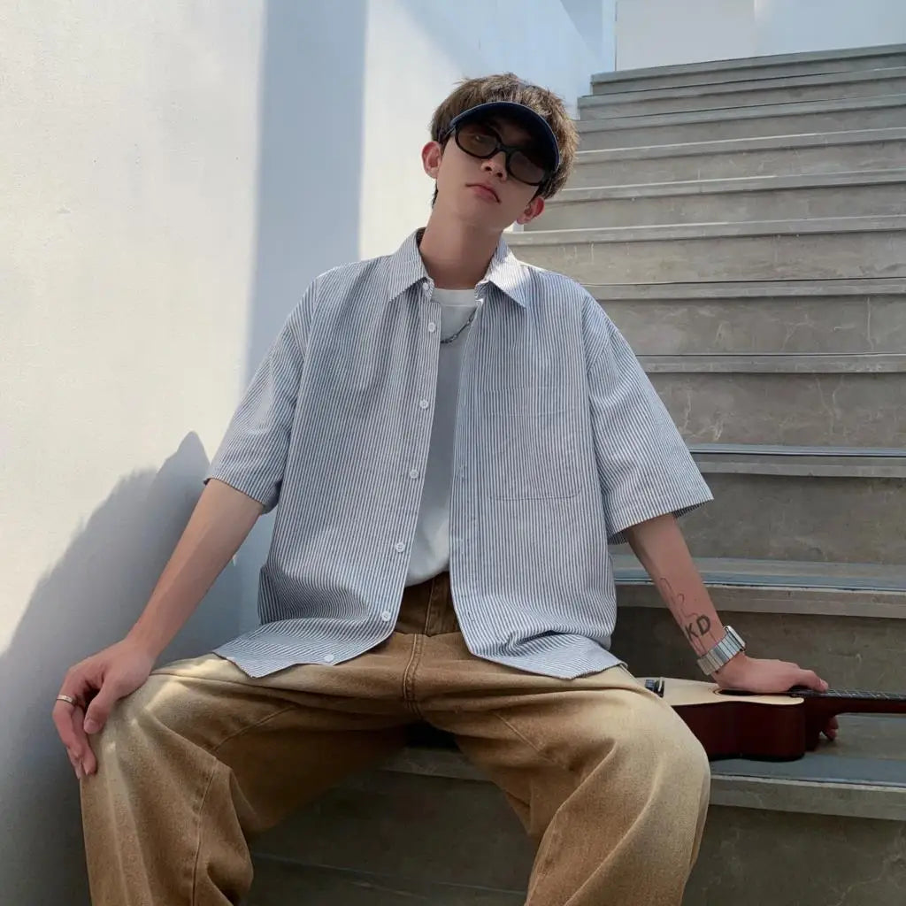 saferido -Youth Korean Fashions Cotton Striped Shirts Oversized Vintage Button Up Shirts Japanese Casual Short Sleeve Shirts