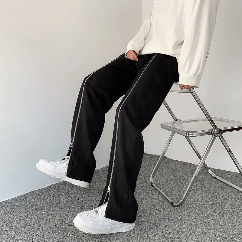 saferido Zipper Black Pants Men's Loose Drape Straight Wide-leg Trousers Fashion Spring Summer Solid Color Casual All-match Casual Pants