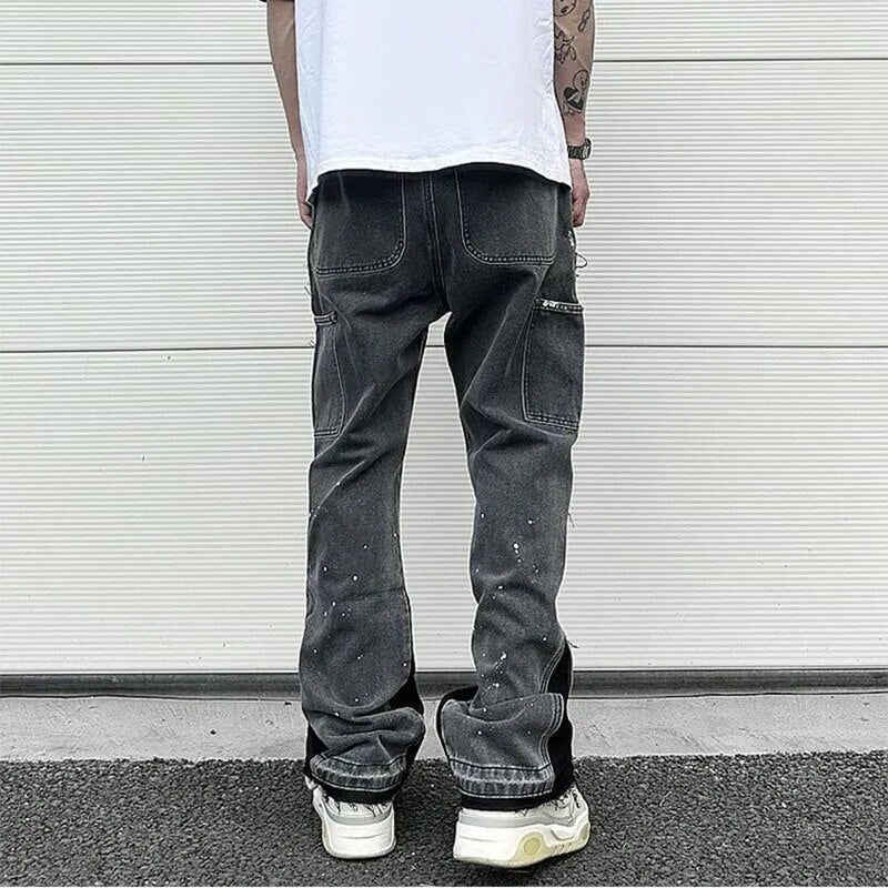 Graffiti Black Flared Denim Pants Mens Vintage Hip Hop Patches Splashed Ink Wide Leg Jeans Y2k Baggy Washed Jeans for Men