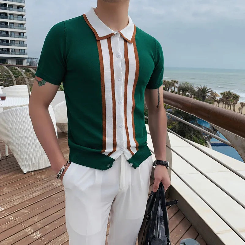 saferido Spring Men Short Sleeve Polo Contrast Stripes Lapel Top Korean Slim Knit Men Polo High Quality Tee Shirt Camisa Hombre 4XL