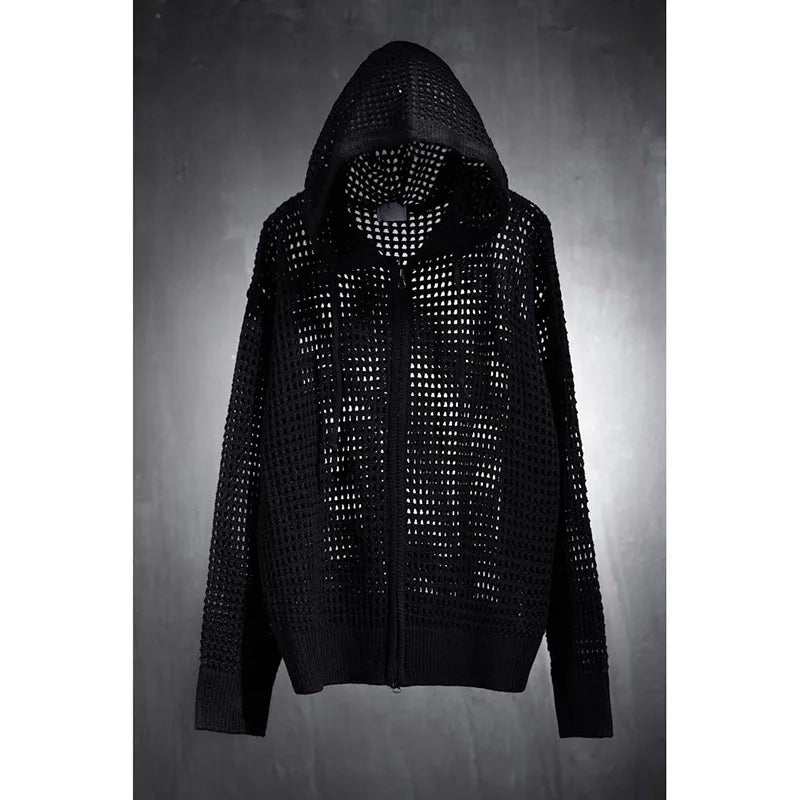 Apricot Black Knitted Hollow Out Oversized Sun Protection Summer Long Sleeve Men Shirt Zipper Hooded Korean Fashion Harajuku Top
