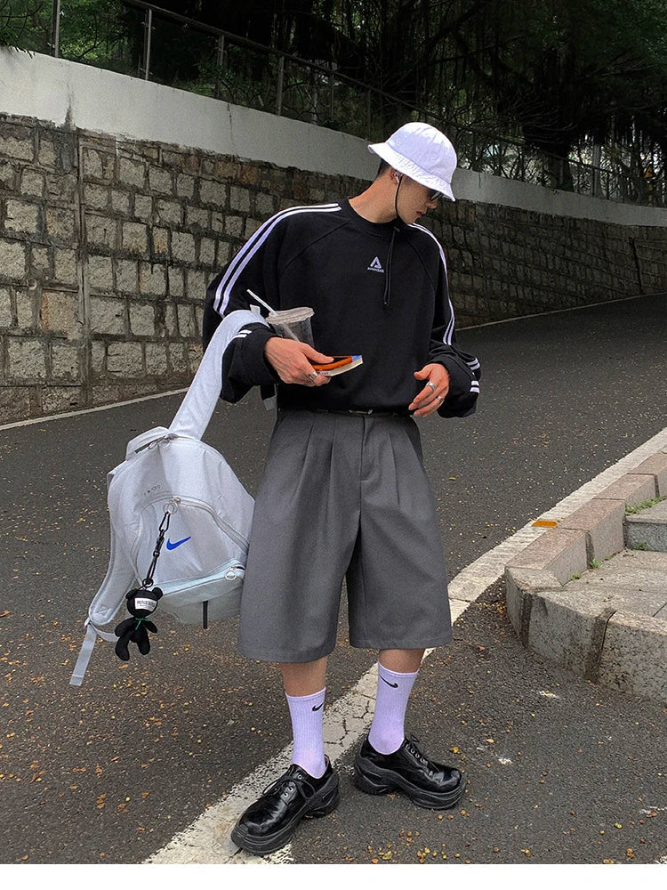 saferido Spring Summer Loose Casual Soft Grey Pleated Shorts for Men with High Waist Short Straight Pants Korean Clothes
