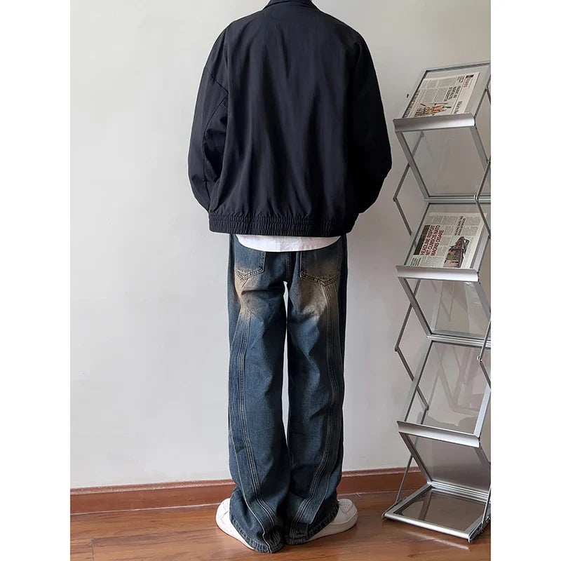 saferido Men's American High Street Dark Blue Color Casual Pants Fashion Trend Loose Personality Jeans Retro Loose Trousers M-5XL