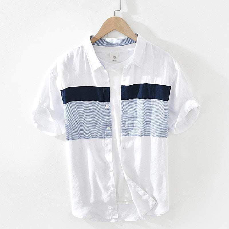 Pure Linen Short Sleeve Shirt for Men Summer New Japan Fashion Tops Male Breathable Vintage Striped Patchwork Button Up Shirt